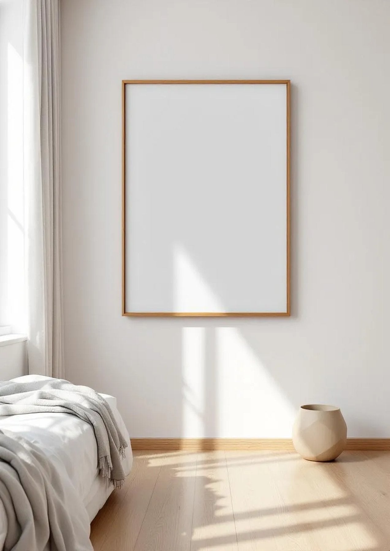 White Bedroom Interior Frame Mockup — Natural Oak Frame Portrait 2:3 — Perspective View — #03411 | MockupBulk