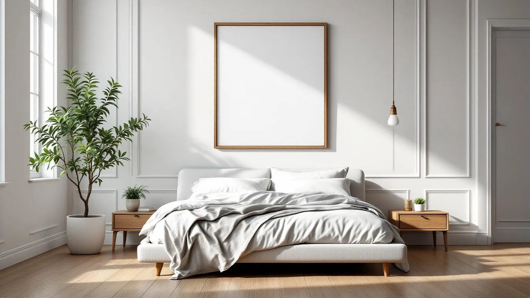 White Bedroom Interior Frame Mockup — Natural Oak Frame Square 1:1 — Perspective View — #03413 | MockupBulk