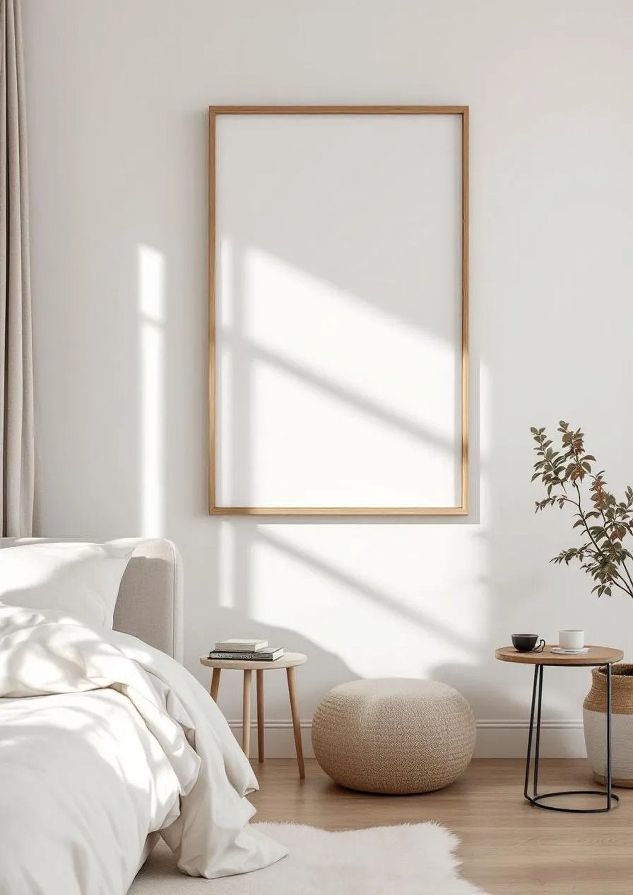 White Bedroom High-Res Frame Mockup — Natural Oak Frame Portrait 2:3 — Perspective View — #03414 | MockupBulk