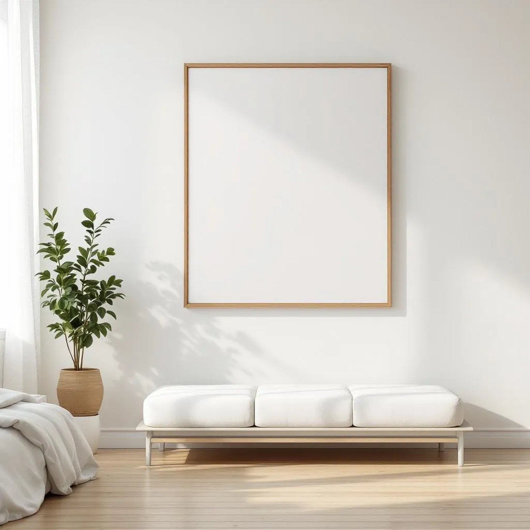 White Bedroom Room Scene Mockup — Plain Square Frame Square 1:1 — Perspective View — #03415 | MockupBulk