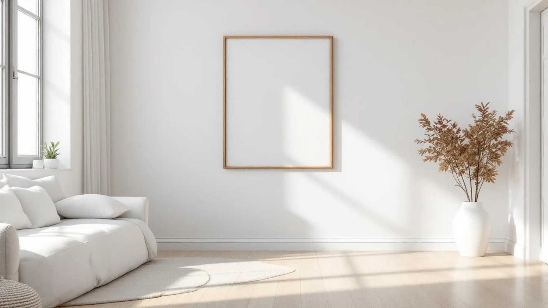 White Bedroom Frame Display Mockup — Natural Oak Frame Square 1:1 — Perspective View — #03416 | MockupBulk