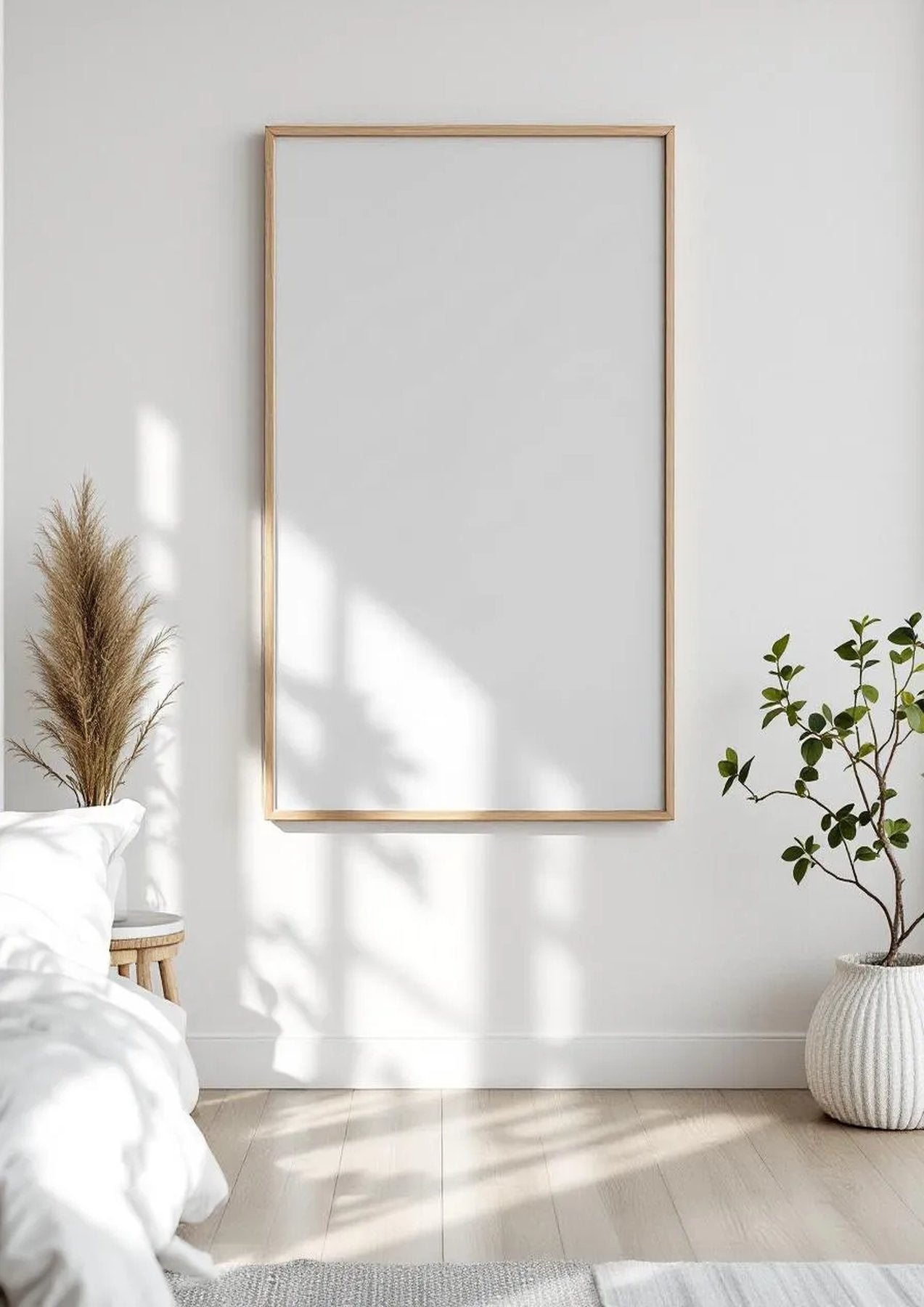 White Bedroom High-Res Frame Mockup — Natural Oak Frame Portrait 2:3 — Perspective View — #03417 | MockupBulk