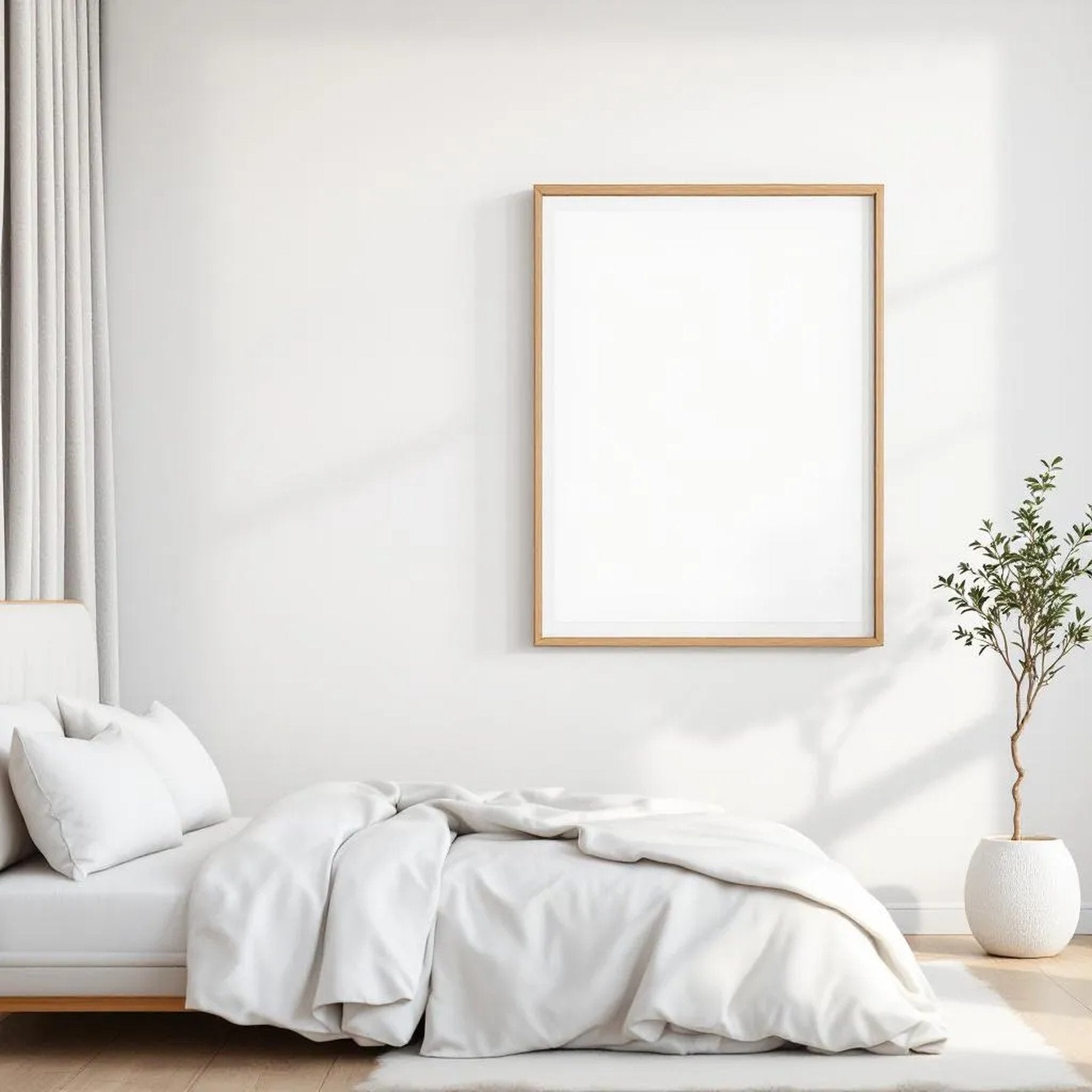 White Bedroom Lifestyle Frame Mockup — Plain Square Frame Square 1:1 — Perspective View — #03418 | MockupBulk