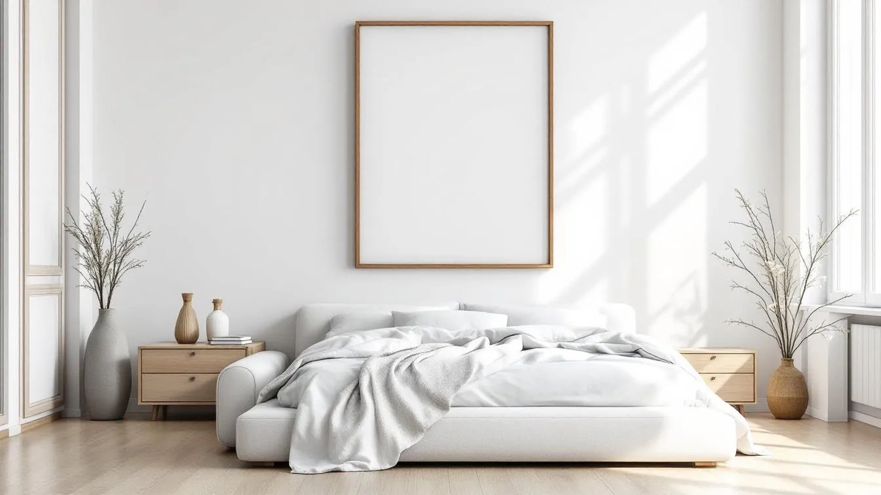 White Bedroom Interior Frame Mockup — Natural Oak Frame Square 1:1 — Perspective View — #03419 | MockupBulk