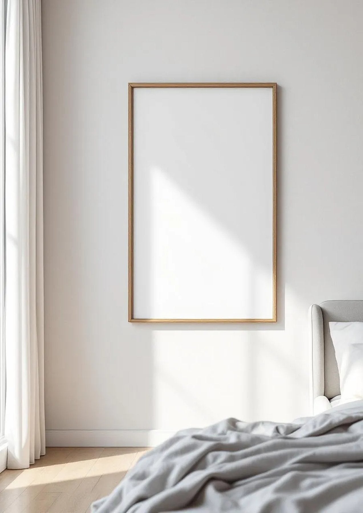 White Bedroom Lifestyle Frame Mockup — Natural Oak Frame Portrait 2:3 — Perspective View — #03420 | MockupBulk