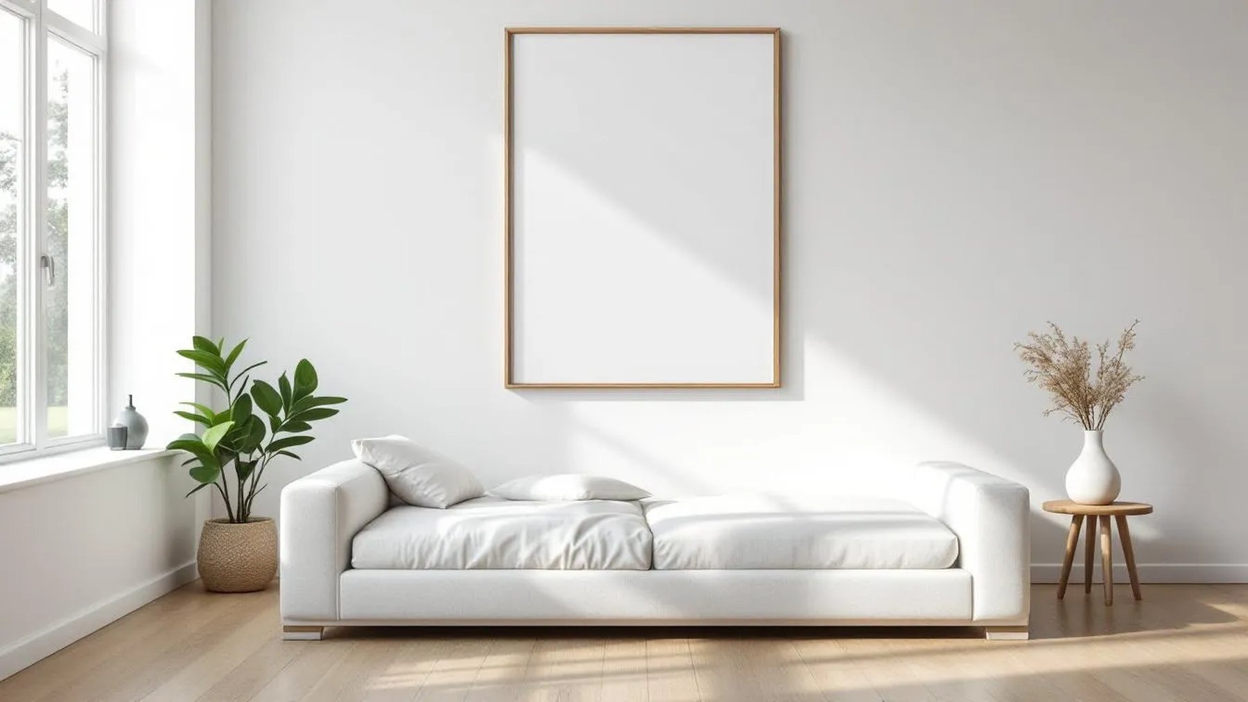 White Bedroom Lifestyle Frame Mockup — Natural Oak Frame Square 1:1 — Perspective View — #03422 | MockupBulk