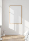 White Bedroom Frame Display Mockup — Natural Oak Frame Portrait 2:3 — Perspective View — #03423 | MockupBulk