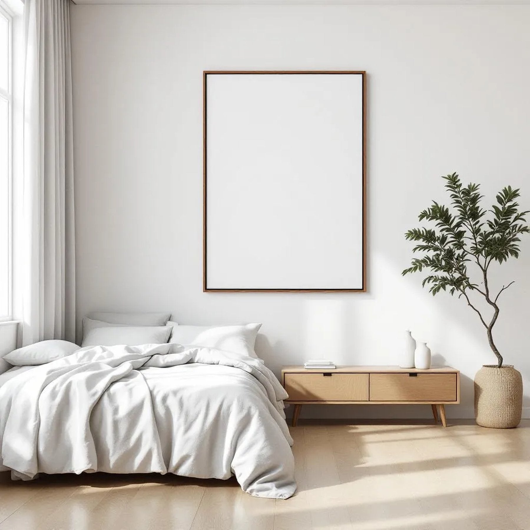 White Bedroom Frame Display Mockup — Plain Square Frame Portrait 2:3 — Perspective View — #03427 | MockupBulk