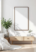 White Bedroom Interior Frame Mockup — Walnut Frame Portrait 2:3 — Perspective View — #03429 | MockupBulk