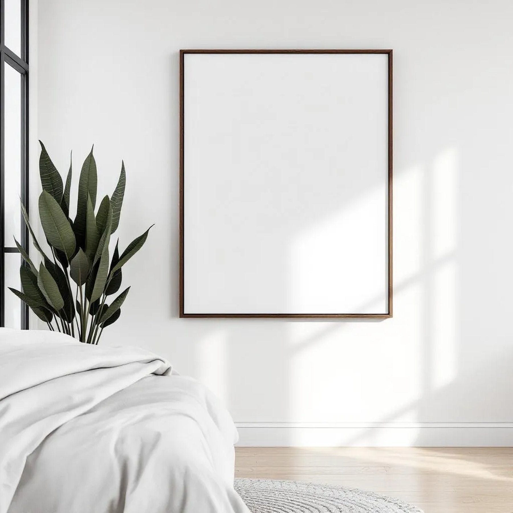 White Bedroom Editorial Room Mockup — Plain Square Frame Square 1:1 — Perspective View — #03430 | MockupBulk