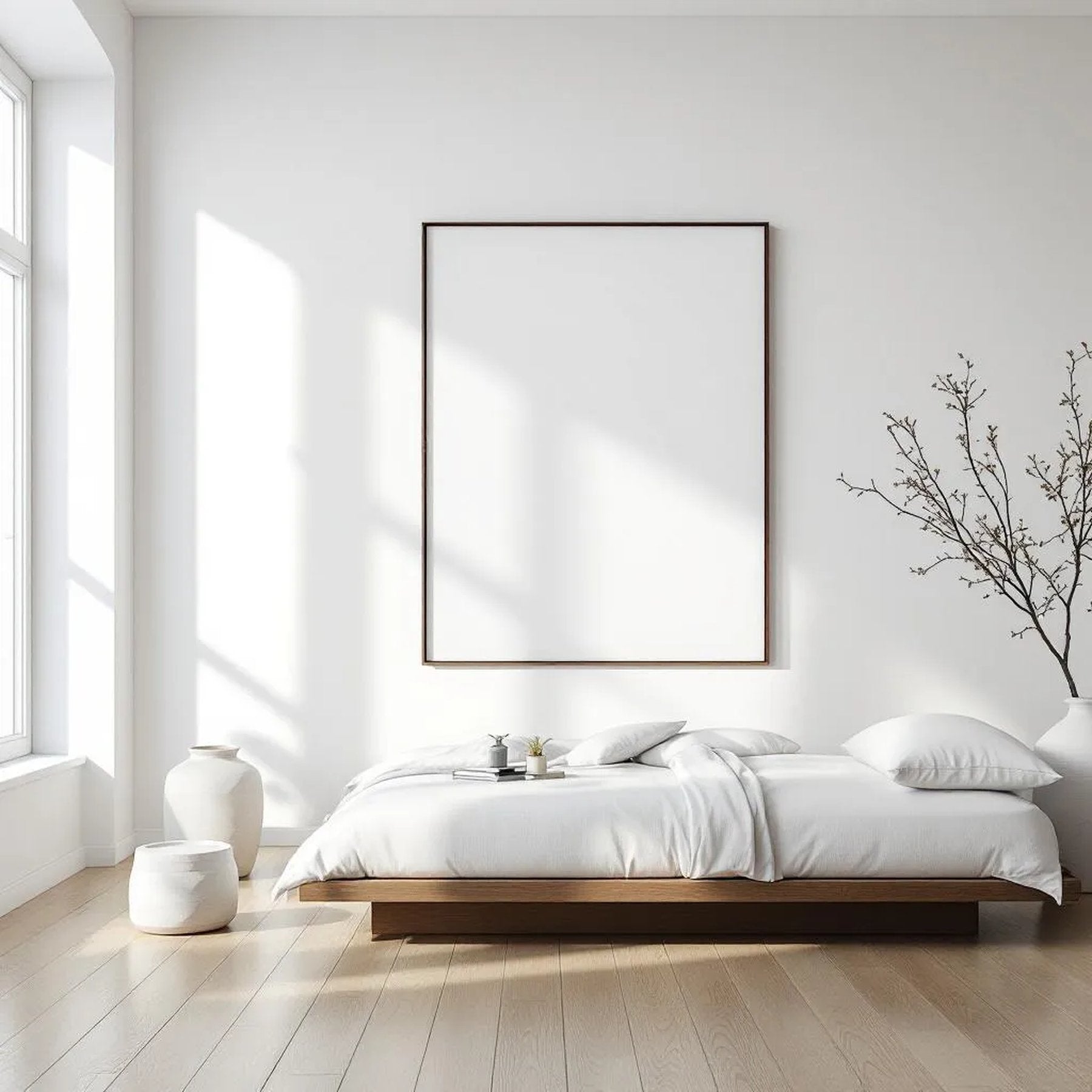 White Bedroom Styled Room Mockup — Plain Square Frame Portrait 4:5 — Perspective View — #03433 | MockupBulk