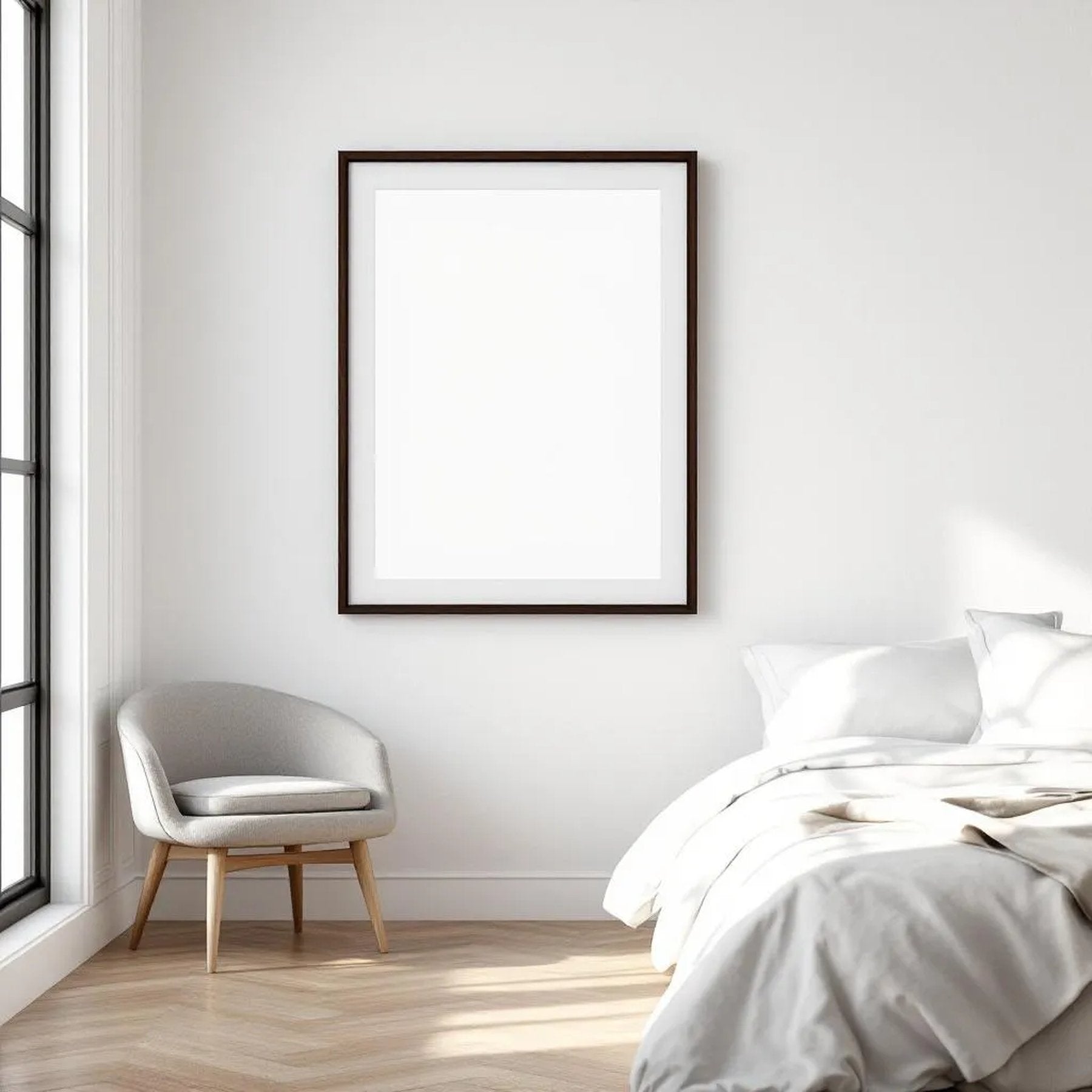 White Bedroom Editorial Room Mockup — Plain Square Frame Square 1:1 — Perspective View — #03436 | MockupBulk