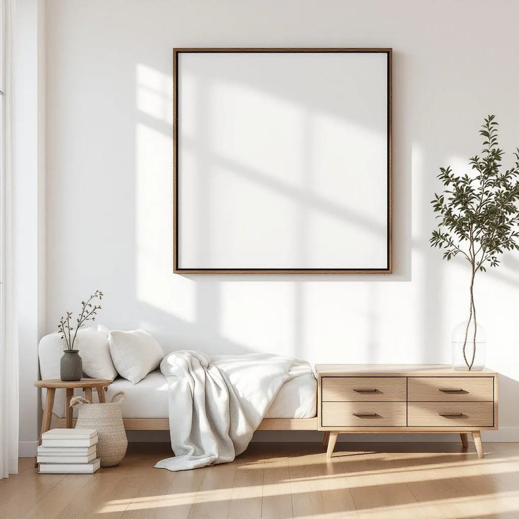 White Bedroom Editorial Room Mockup — Plain Square Frame Square 1:1 — Perspective View — #03442 | MockupBulk
