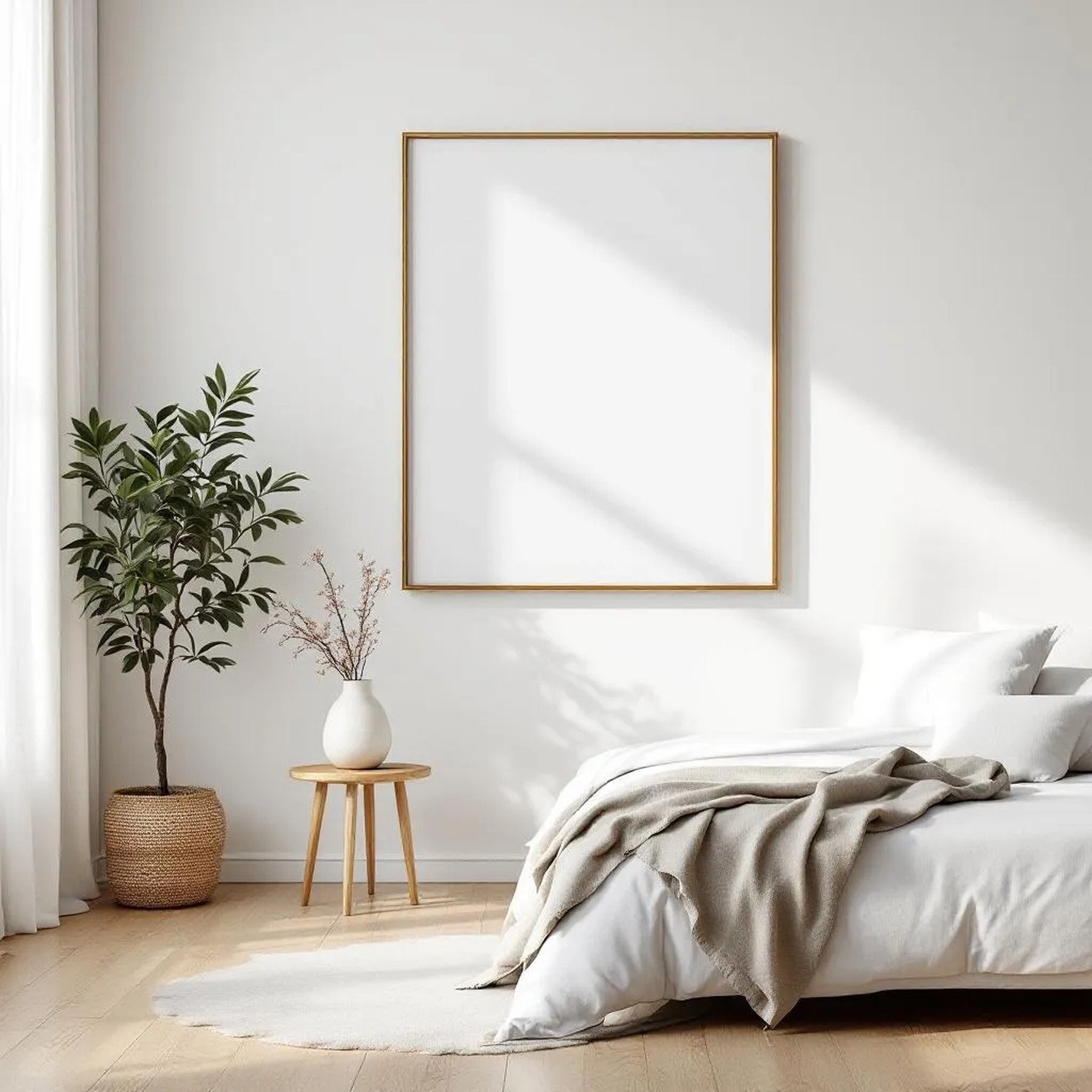 White Bedroom Styled Room Mockup — Plain Square Frame Square 1:1 — Perspective View — #03448 | MockupBulk