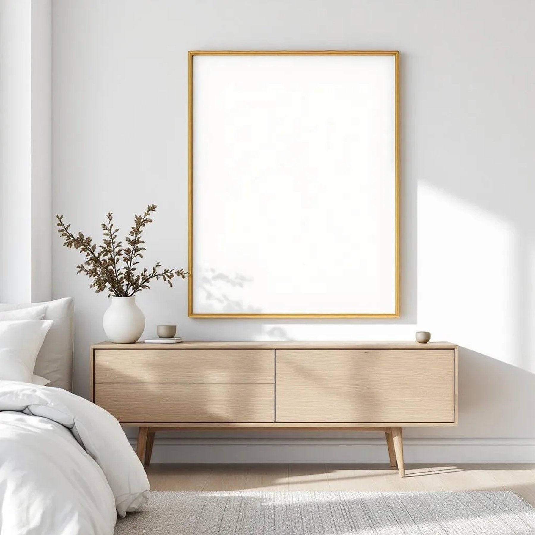 White Bedroom Lifestyle Frame Mockup — Plain Square Frame Portrait 2:3 — Perspective View — #03451 | MockupBulk