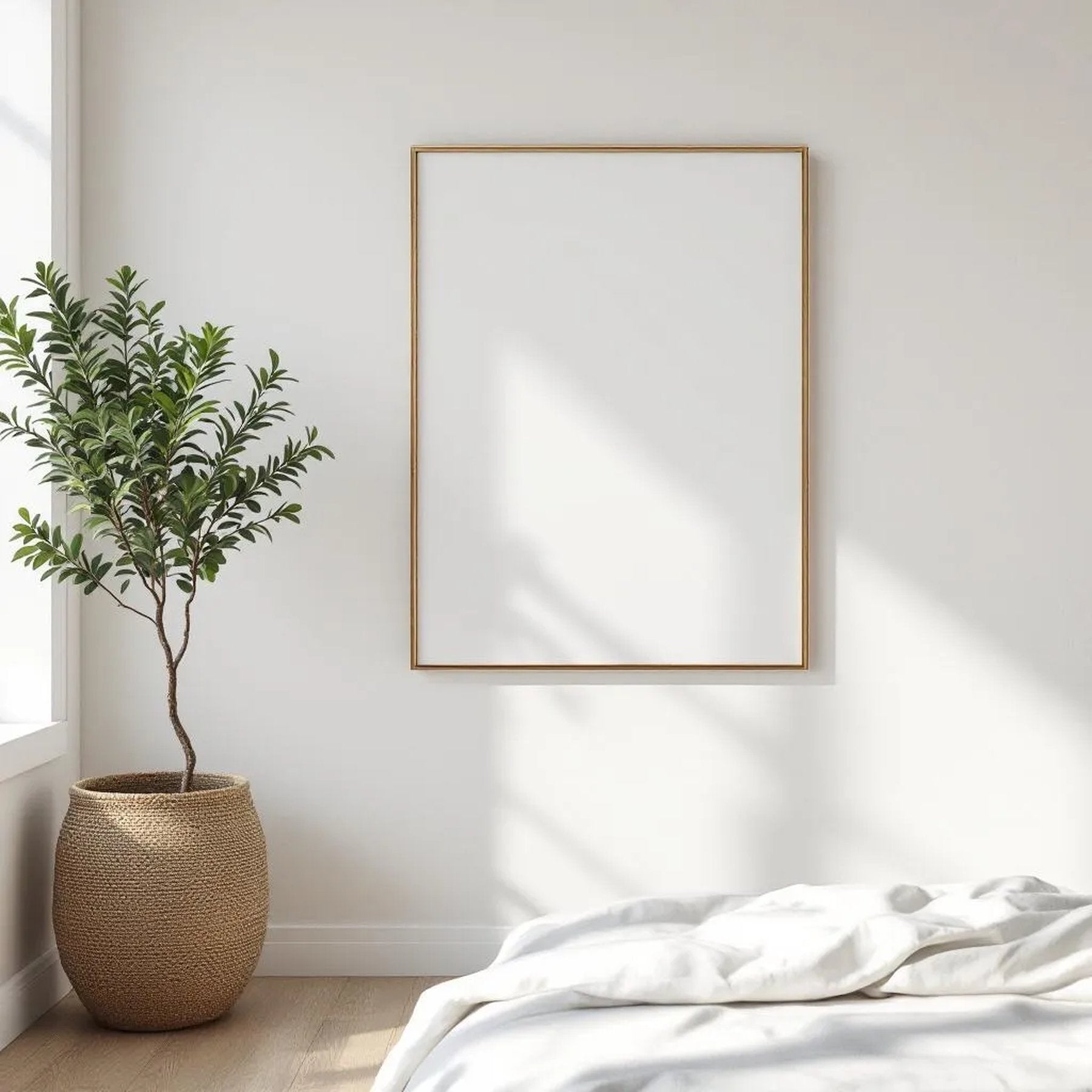 White Bedroom Professional Frame Mockup — Plain Square Frame Square 1:1 — Perspective View — #03454 | MockupBulk