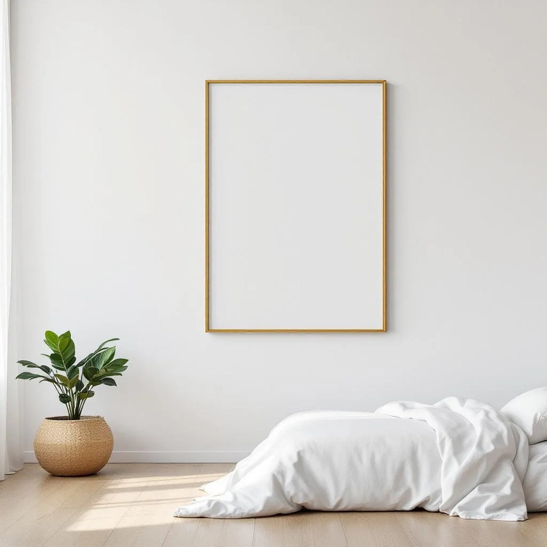 White Bedroom Wall Art Mockup — Plain Square Frame Square 1:1 — Perspective View — #03457 | MockupBulk