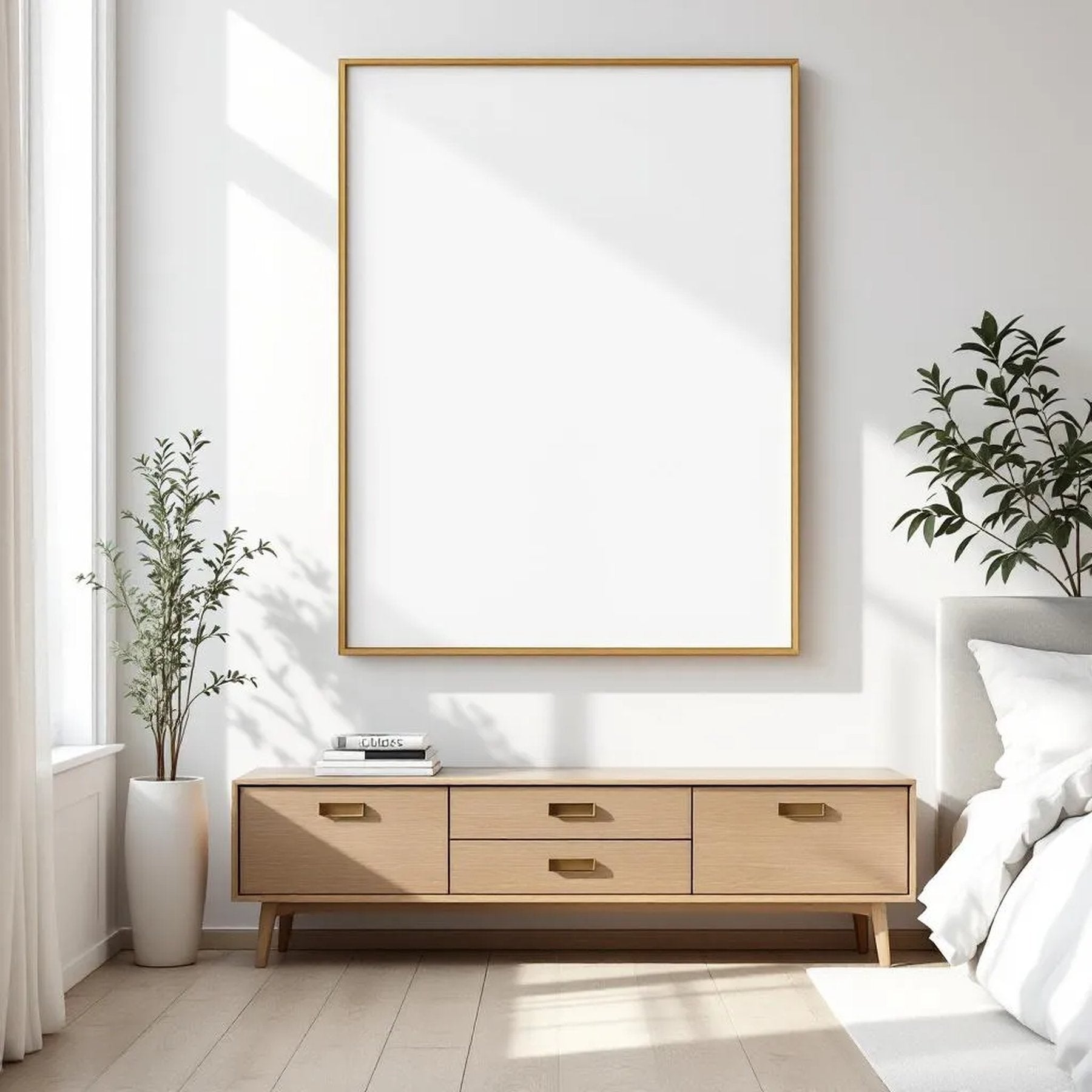 White Bedroom Room Scene Mockup — Plain Square Frame Landscape 3:4 — Perspective View — #03460 | MockupBulk