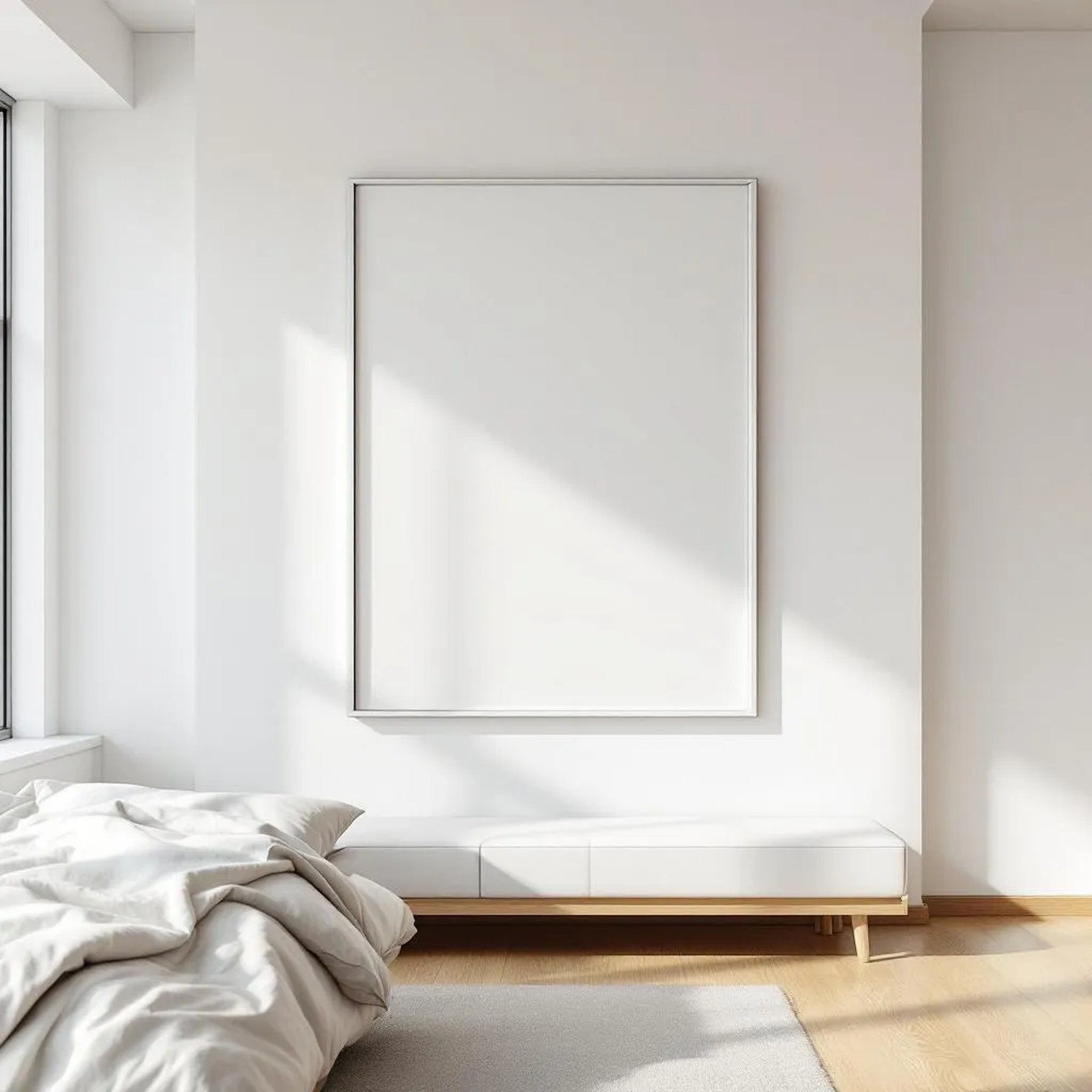 White Bedroom Editorial Room Mockup — Plain Square Frame Square 1:1 — Perspective View — #03466 | MockupBulk