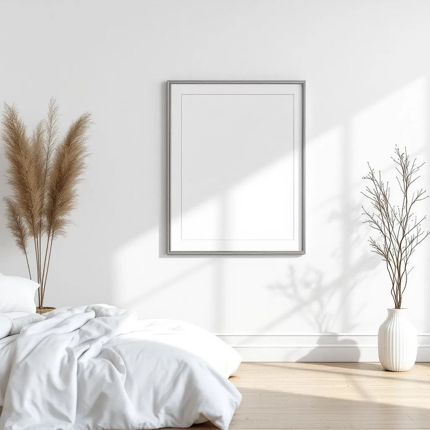 White Bedroom Editorial Room Mockup — Plain Square Frame Portrait 4:5 — Perspective View — #03478 | MockupBulk