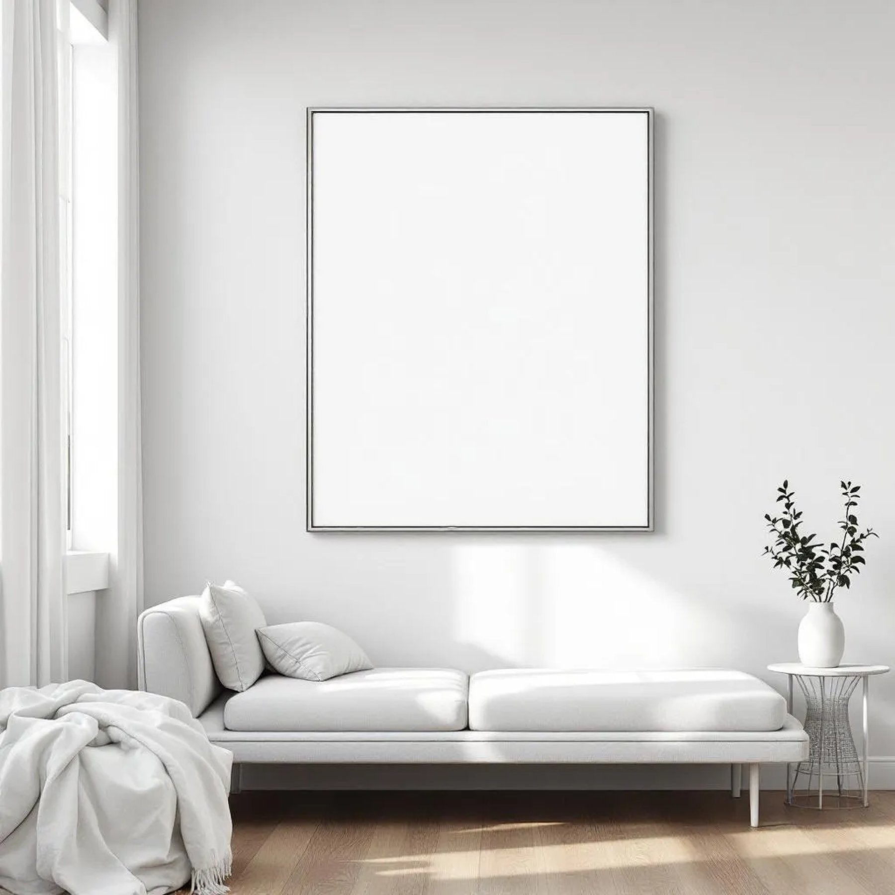 White Bedroom Wall Art Mockup — Plain Square Frame Square 1:1 — Perspective View — #03481 | MockupBulk