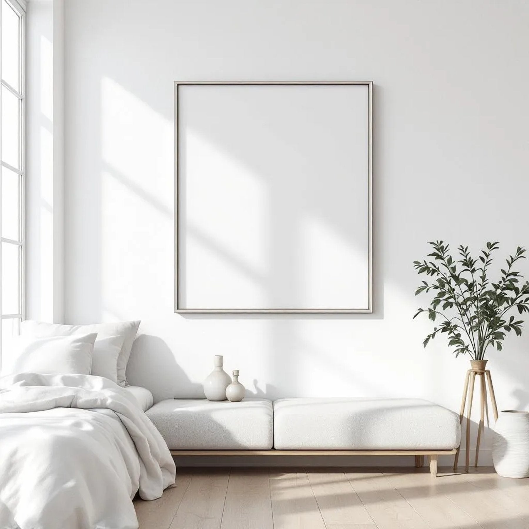 White Bedroom Styled Room Mockup — Plain Square Frame Square 1:1 — Perspective View — #03484 | MockupBulk