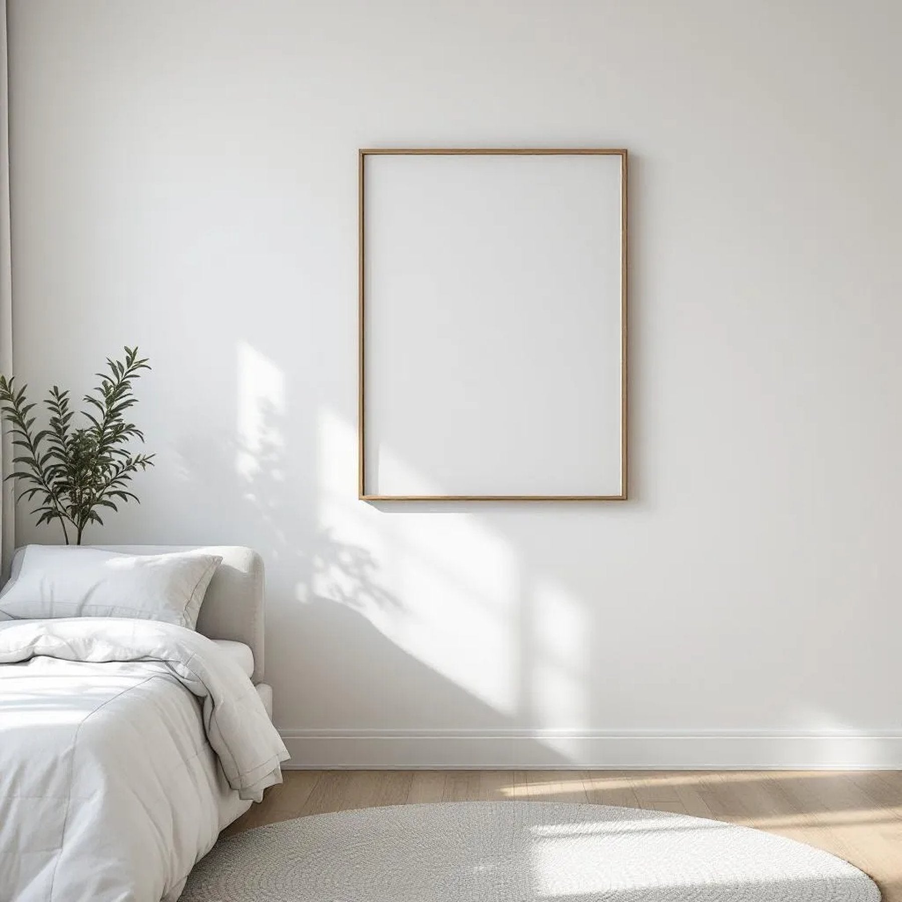 White Bedroom Interior Frame Mockup — Plain Square Frame Portrait 2:3 — Perspective View — #03487 | MockupBulk