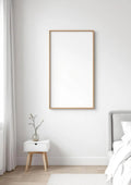 White Bedroom Room Scene Mockup — Raw Pine Frame Portrait 2:3 — Perspective View — #03489 | MockupBulk