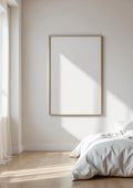 White Bedroom Wall Art Mockup — Raw Pine Frame Portrait 2:3 — Perspective View — #03492 | MockupBulk