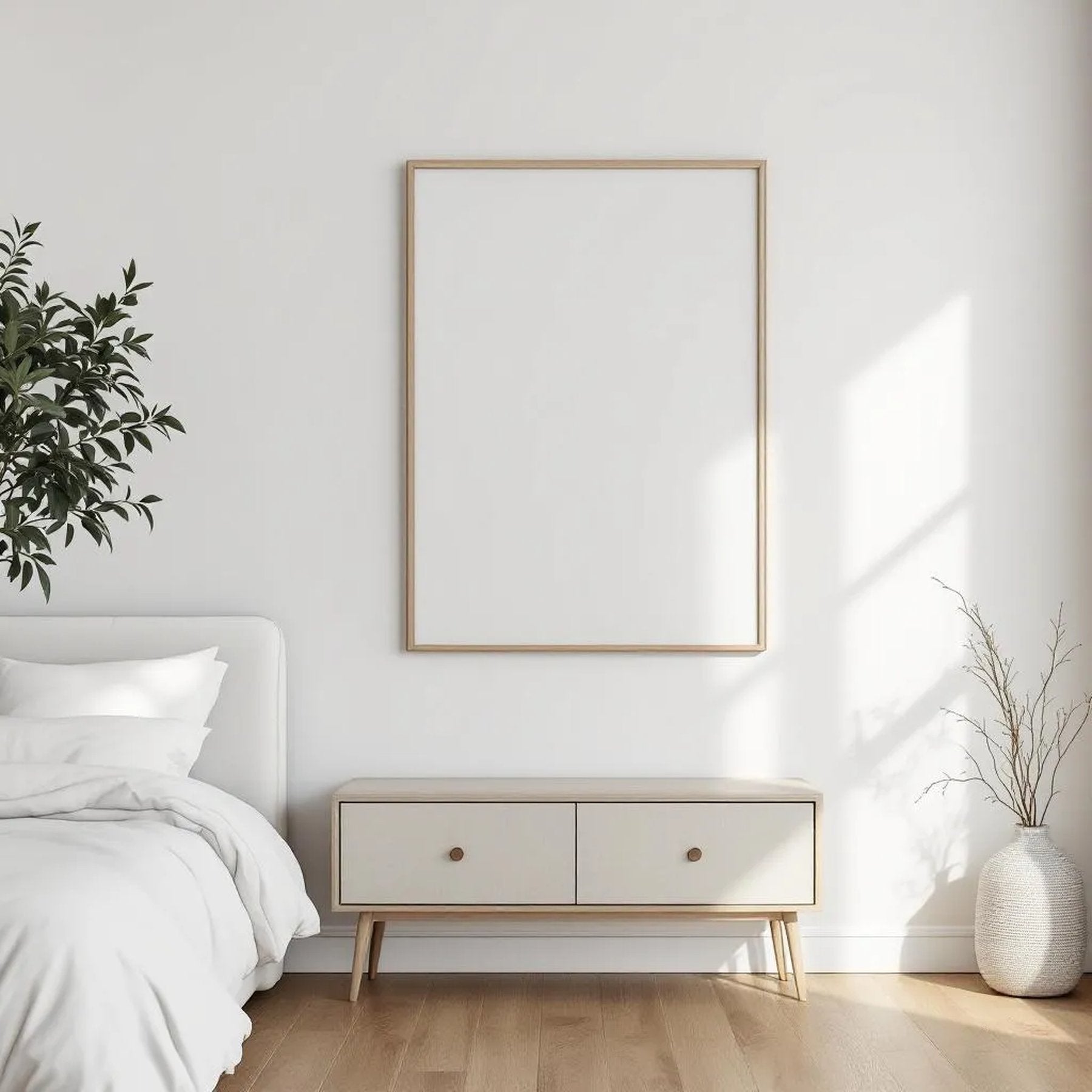 White Bedroom Premium Interior Mockup — Plain Square Frame Portrait 2:3 — Perspective View — #03496 | MockupBulk