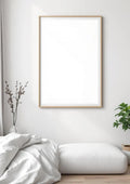 White Bedroom Editorial Room Mockup — Raw Pine Frame Landscape 3:4 — Perspective View — #03501 | MockupBulk