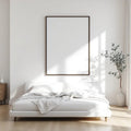 White Bedroom Interior Frame Mockup — Plain Square Frame Square 1:1 — Perspective View — #03511 | MockupBulk