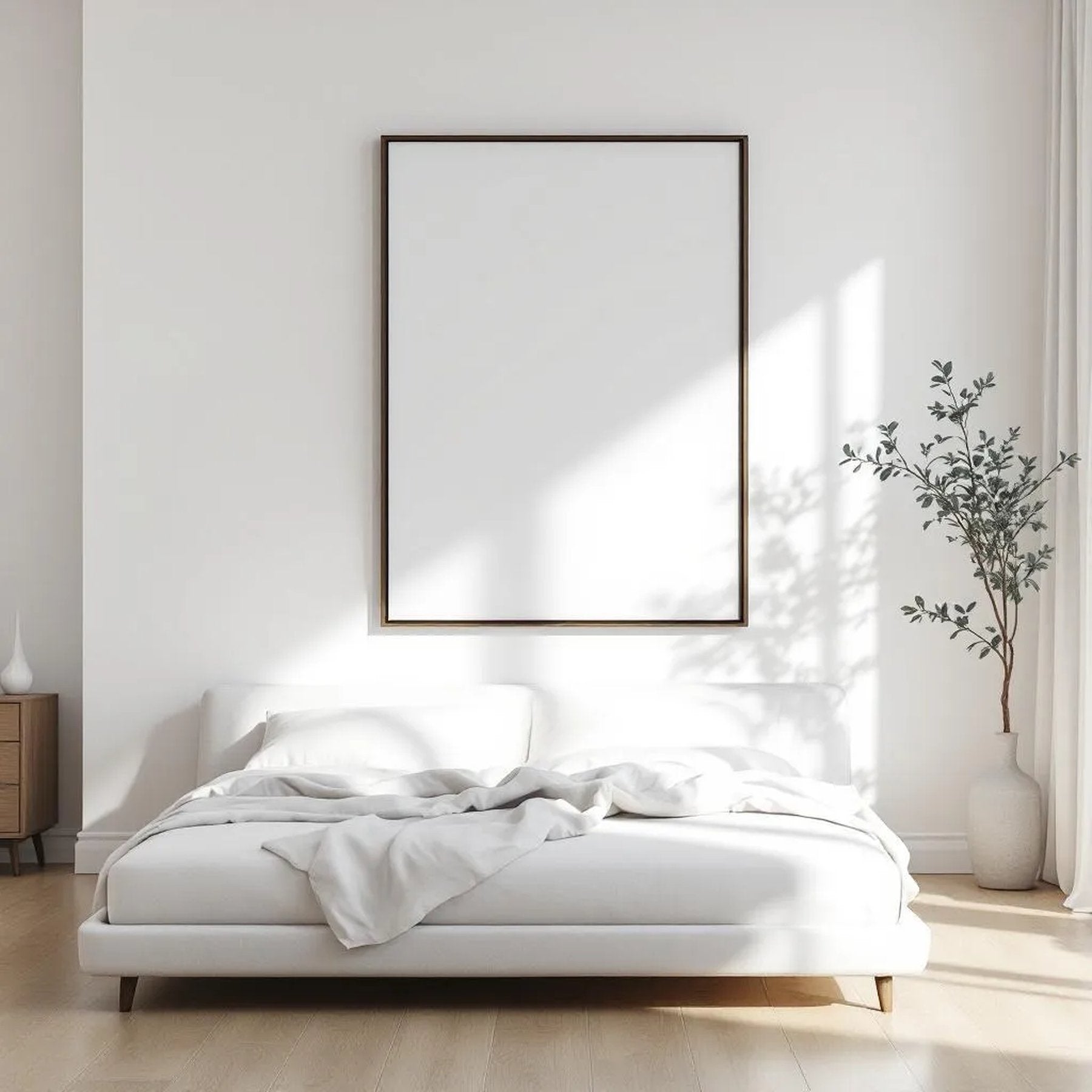 White Bedroom Interior Frame Mockup — Plain Square Frame Square 1:1 — Perspective View — #03511 | MockupBulk