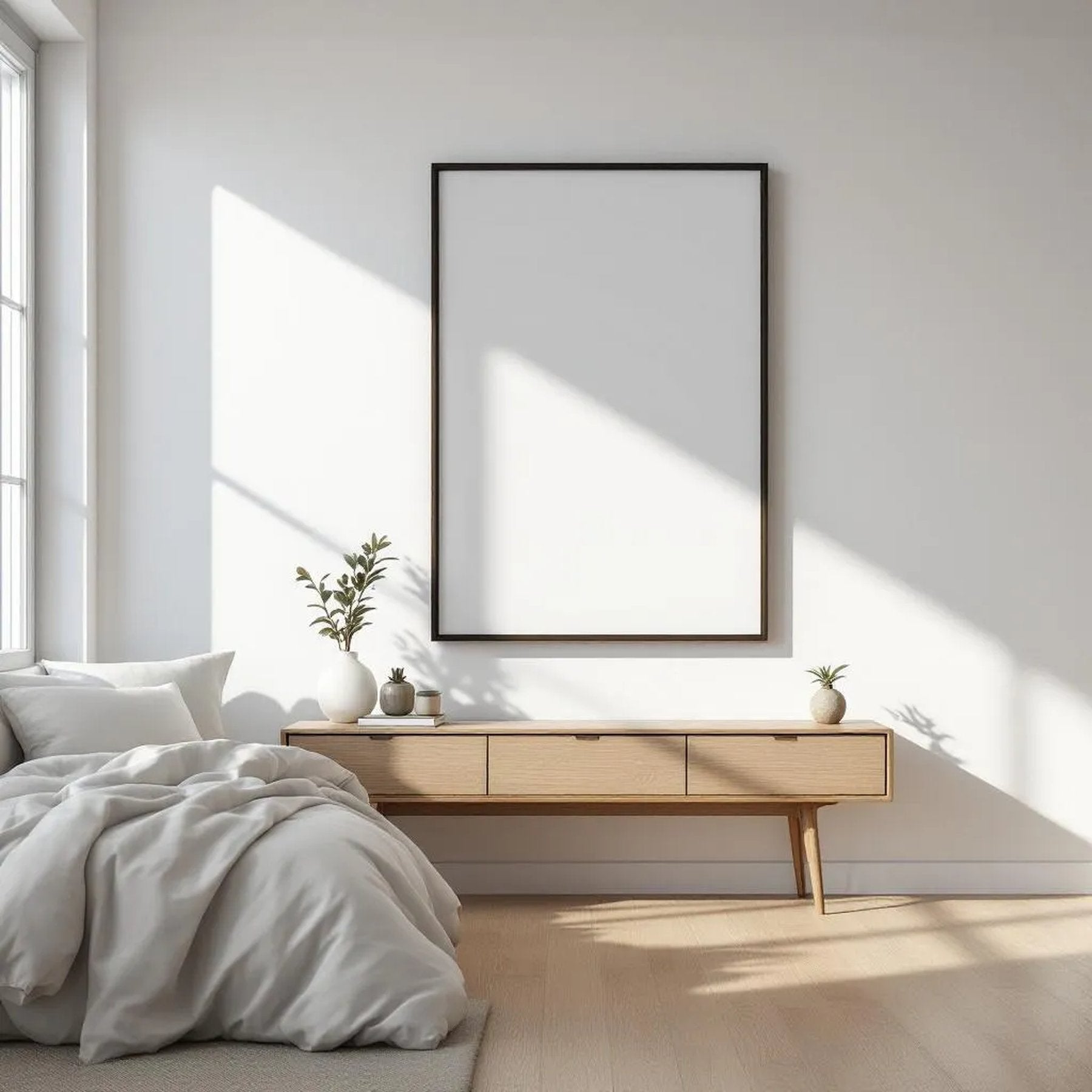 White Bedroom Styled Room Mockup — Plain Square Frame Portrait 2:3 — Perspective View — #03514 | MockupBulk