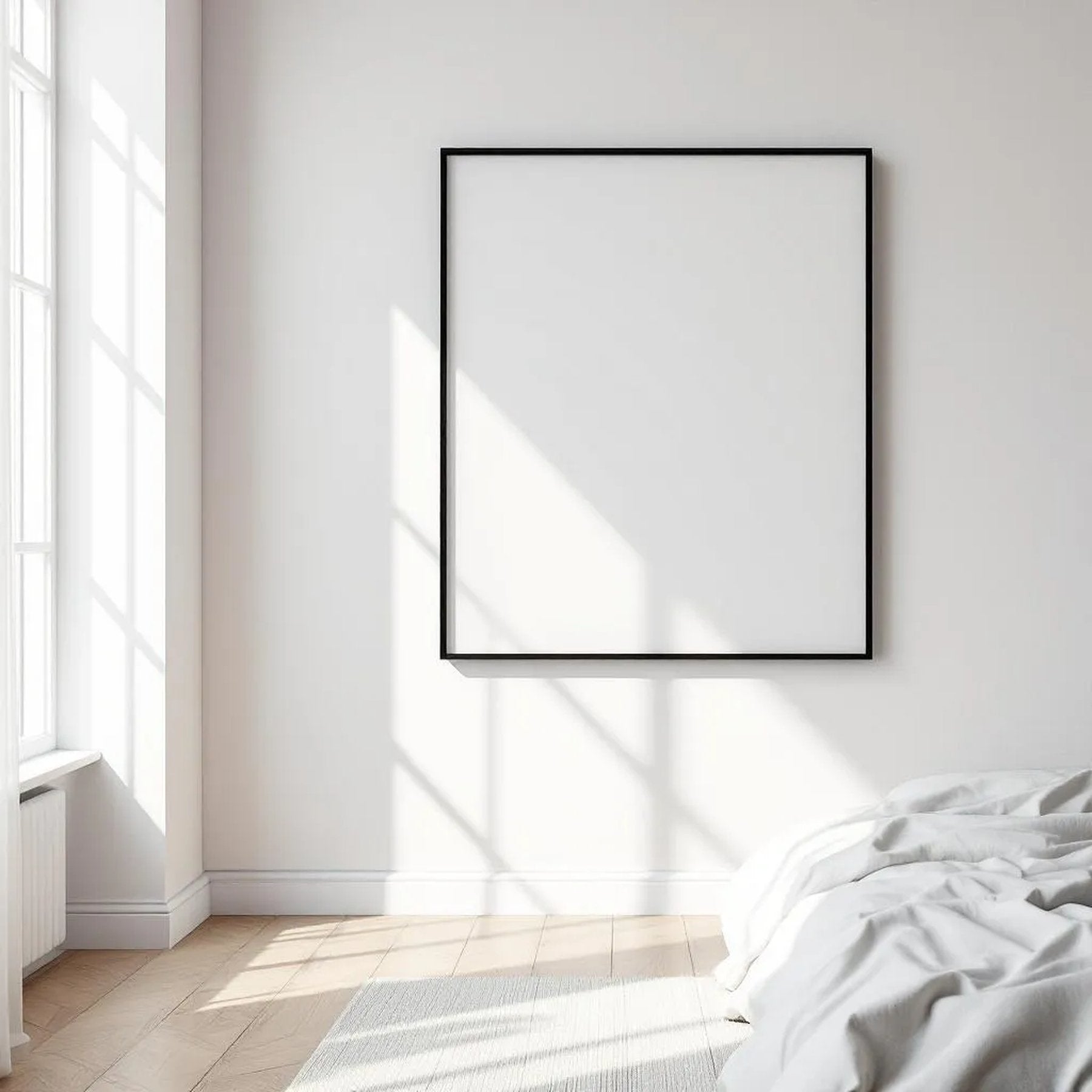 White Bedroom High-Res Frame Mockup — Plain Square Frame Portrait 2:3 — Perspective View — #03517 | MockupBulk