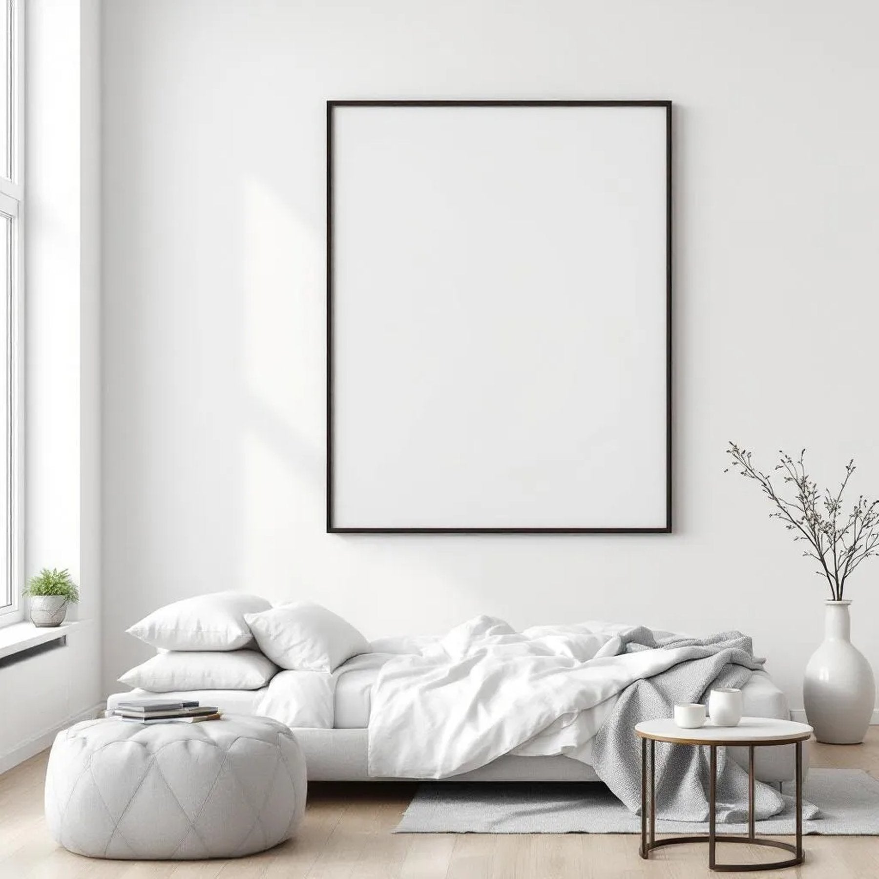 White Bedroom Room Scene Mockup — Plain Square Frame Square 1:1 — Perspective View — #03520 | MockupBulk