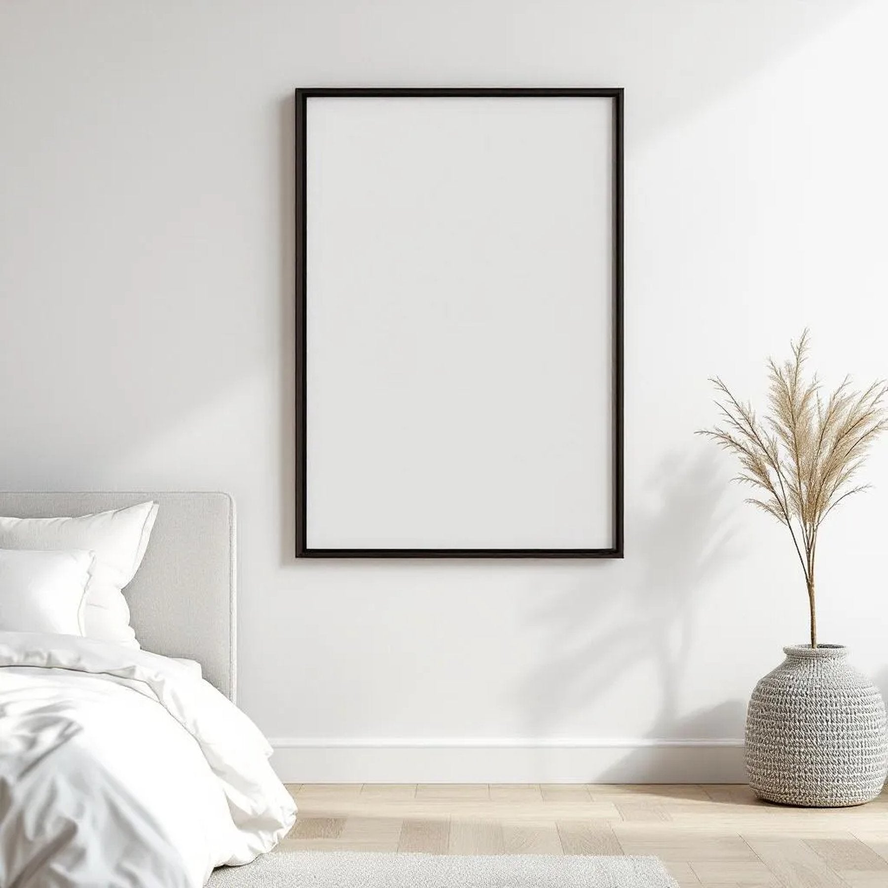 White Bedroom High-Res Frame Mockup — Plain Square Frame Square 1:1 — Perspective View — #03523 | MockupBulk