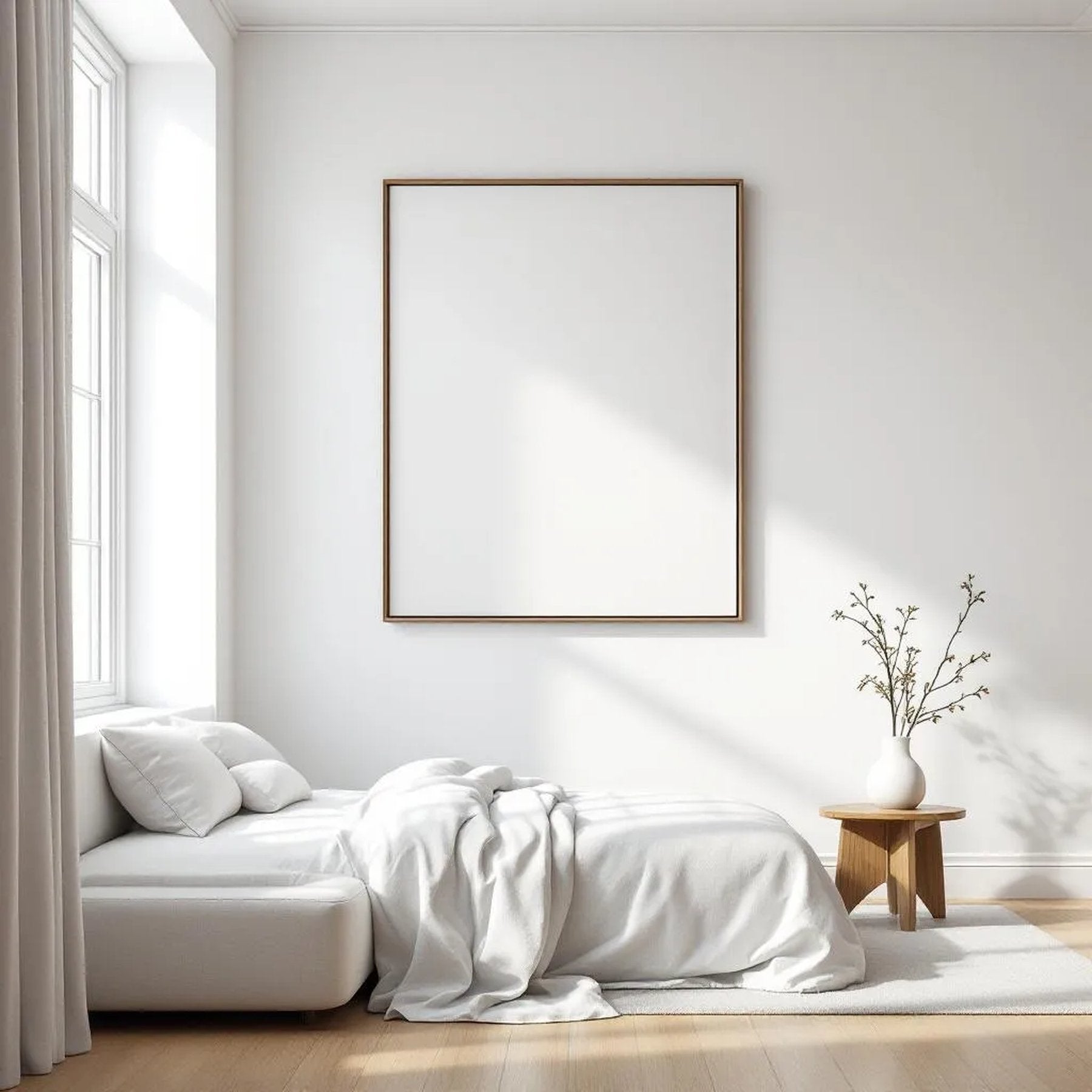 White Bedroom Professional Frame Mockup — Plain Square Frame Landscape 11x14 — Perspective View — #03526 | MockupBulk