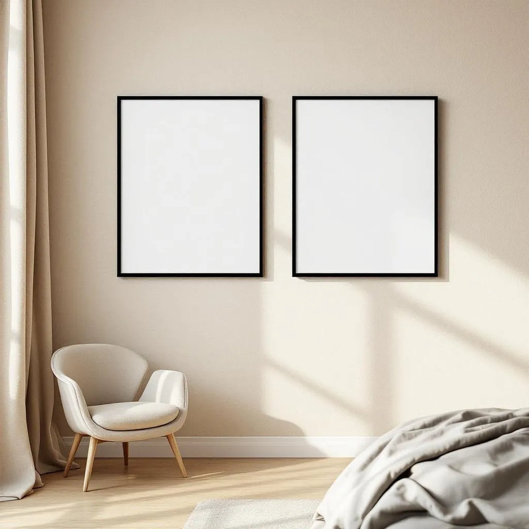 White Bedroom Room Scene Mockup — Plain Square Frame Portrait 2:3 — Perspective View — #01973 | MockupBulk