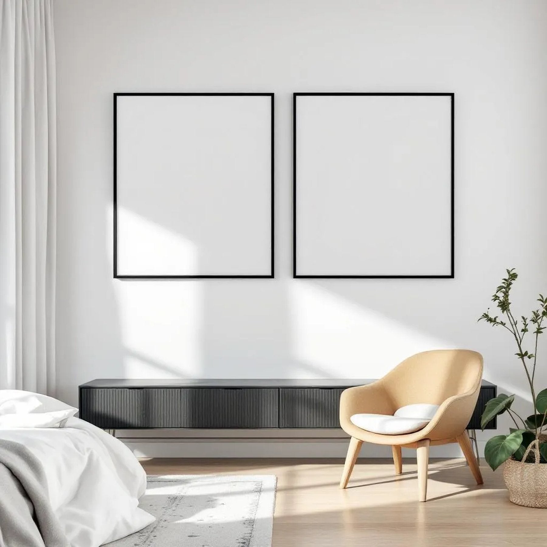 White Bedroom Wall Art Mockup — Plain Square Frame Portrait 2:3 — Perspective View — #01975 | MockupBulk