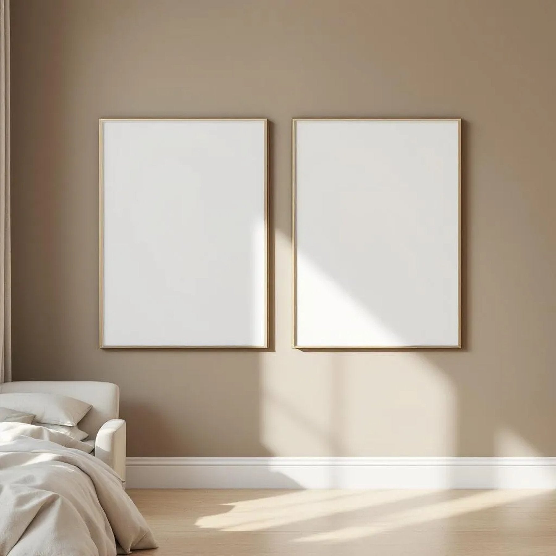 White Bedroom Room Scene Mockup — Plain Square Frame Portrait 2:3 — Perspective View — #02005 | MockupBulk
