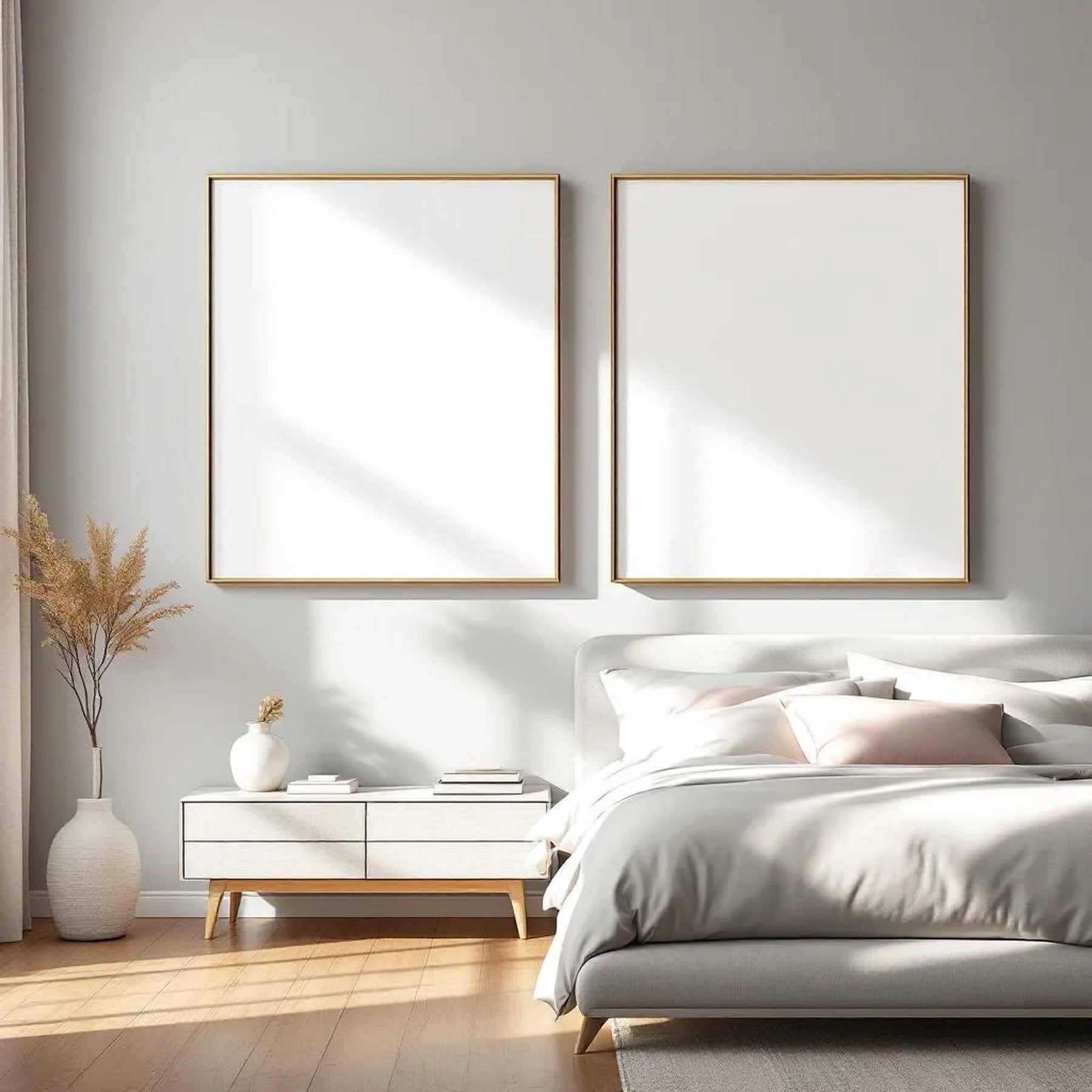 White Bedroom Room Scene Mockup — Plain Square Frame Square 1:1 — Perspective View — #02007 | MockupBulk
