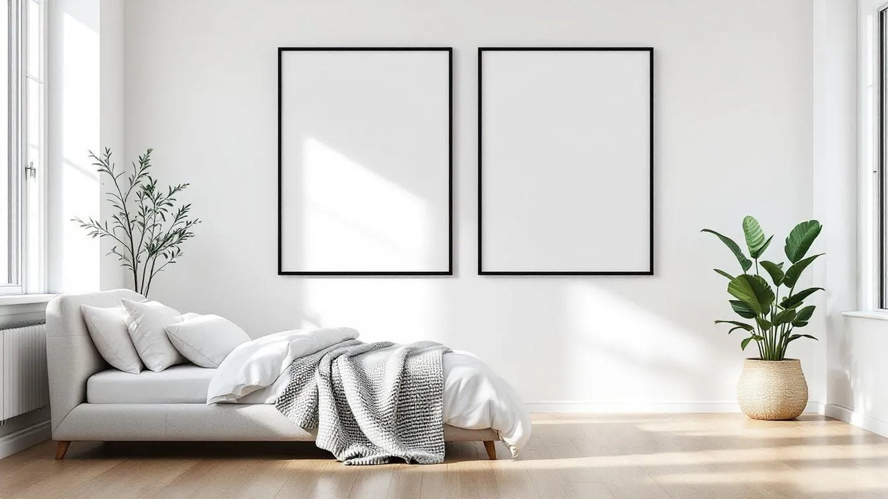 White Bedroom Editorial Room Mockup — Matte Black Frame Square 1:1 — Perspective View — #03530 | MockupBulk