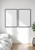 White Bedroom Lifestyle Frame Mockup — Matte Black Frame Portrait 4:5 — Perspective View — #03531 | MockupBulk