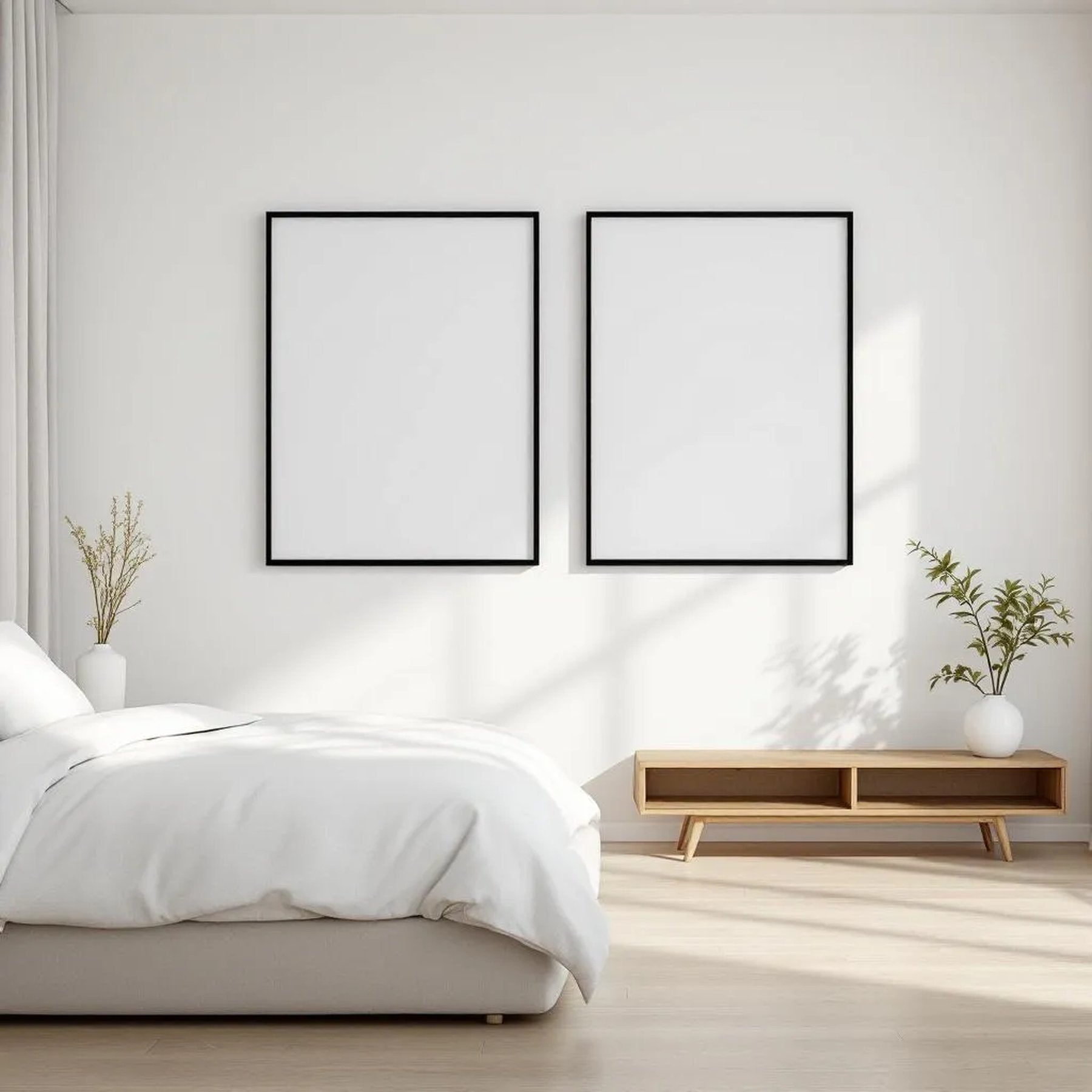 White Bedroom High-Res Frame Mockup — Plain Square Frame Portrait 4:5 — Perspective View — #03532 | MockupBulk