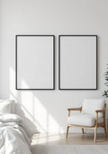 White Bedroom Wall Art Mockup — Matte Black Frame Portrait 2:3 — Perspective View — #03534 | MockupBulk