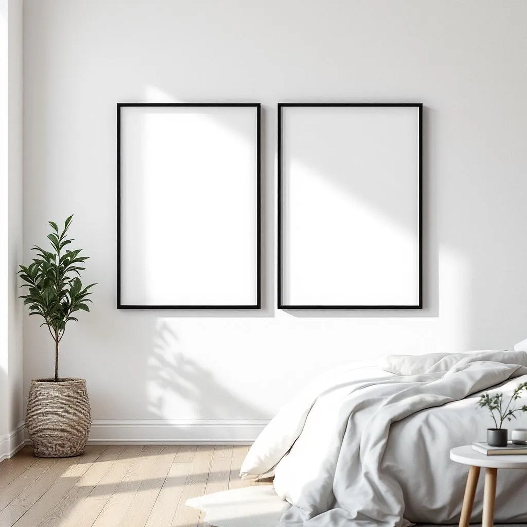 White Bedroom Editorial Room Mockup — Plain Square Frame A-Series (A4 / A3) — Perspective View — #03535 | MockupBulk