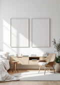 White Bedroom Editorial Room Mockup — White Frame Portrait 2:3 — Perspective View — #03552 | MockupBulk