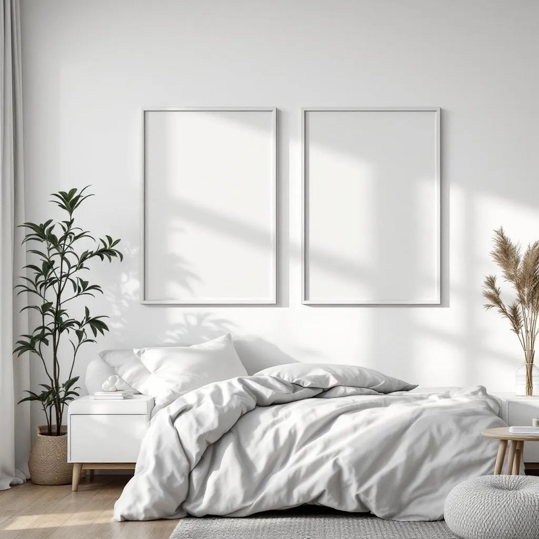 White Bedroom Interior Frame Mockup — Plain Square Frame Square 1:1 — Perspective View — #03553 | MockupBulk