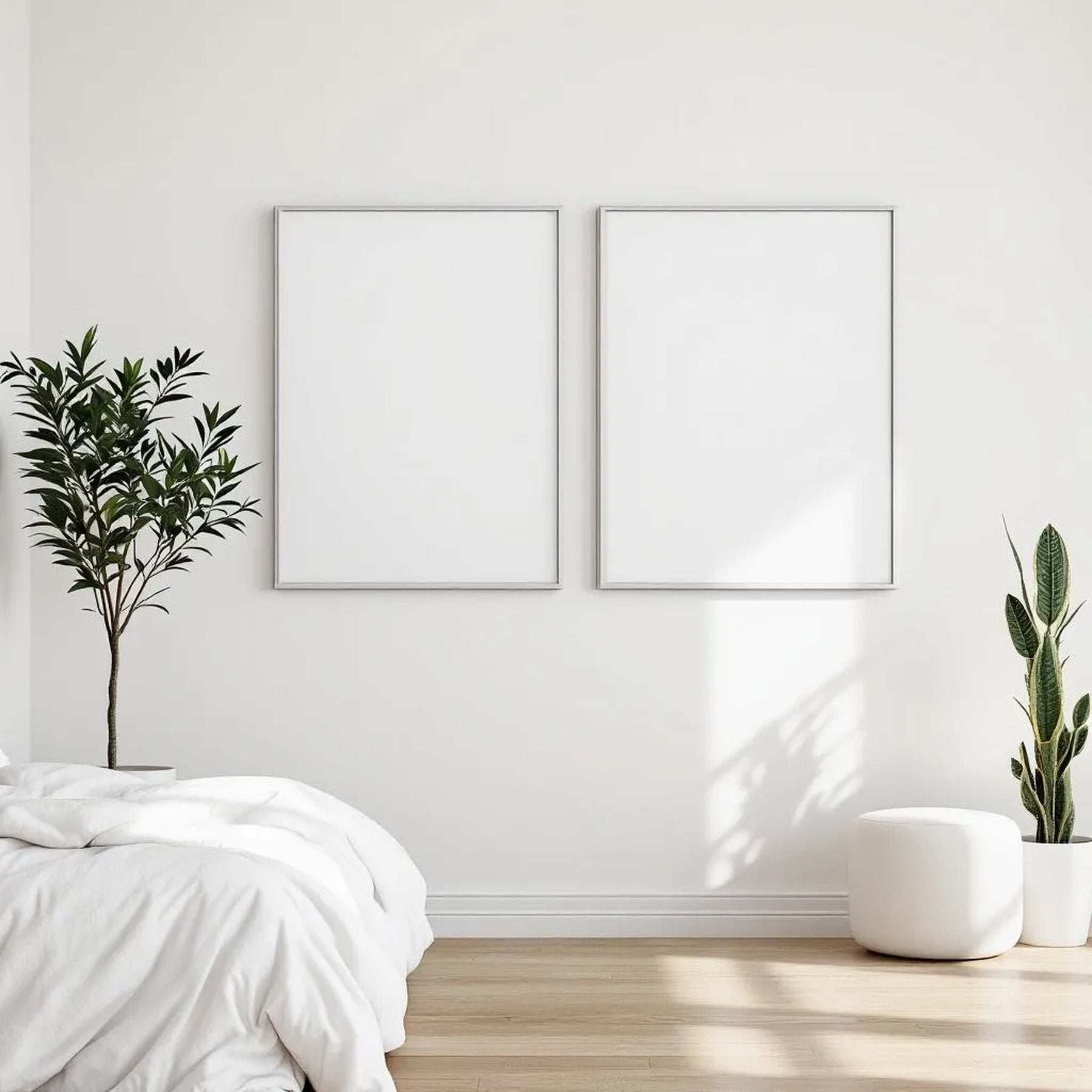 White Bedroom Professional Frame Mockup — Plain Square Frame Square 1:1 — Perspective View — #03562 | MockupBulk
